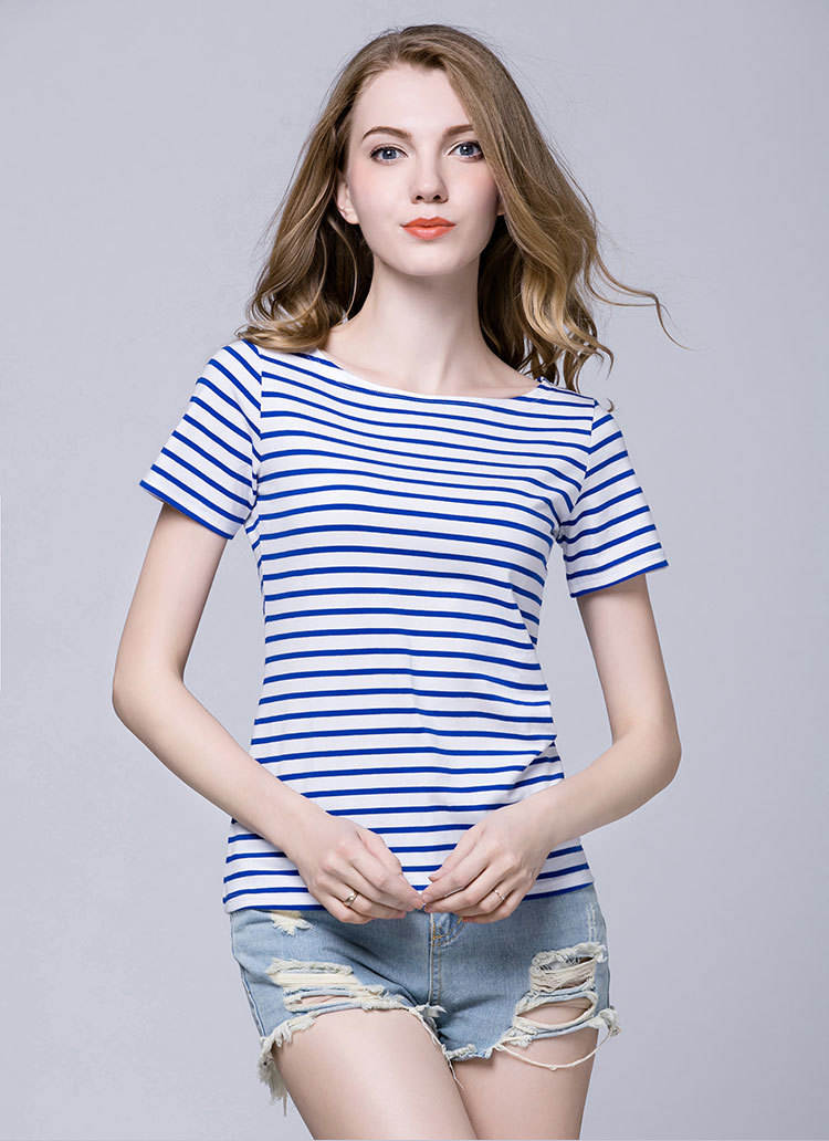 欧美新款条纹t恤女式短袖一字领黑白条纹短袖t恤上衣女士t恤批发