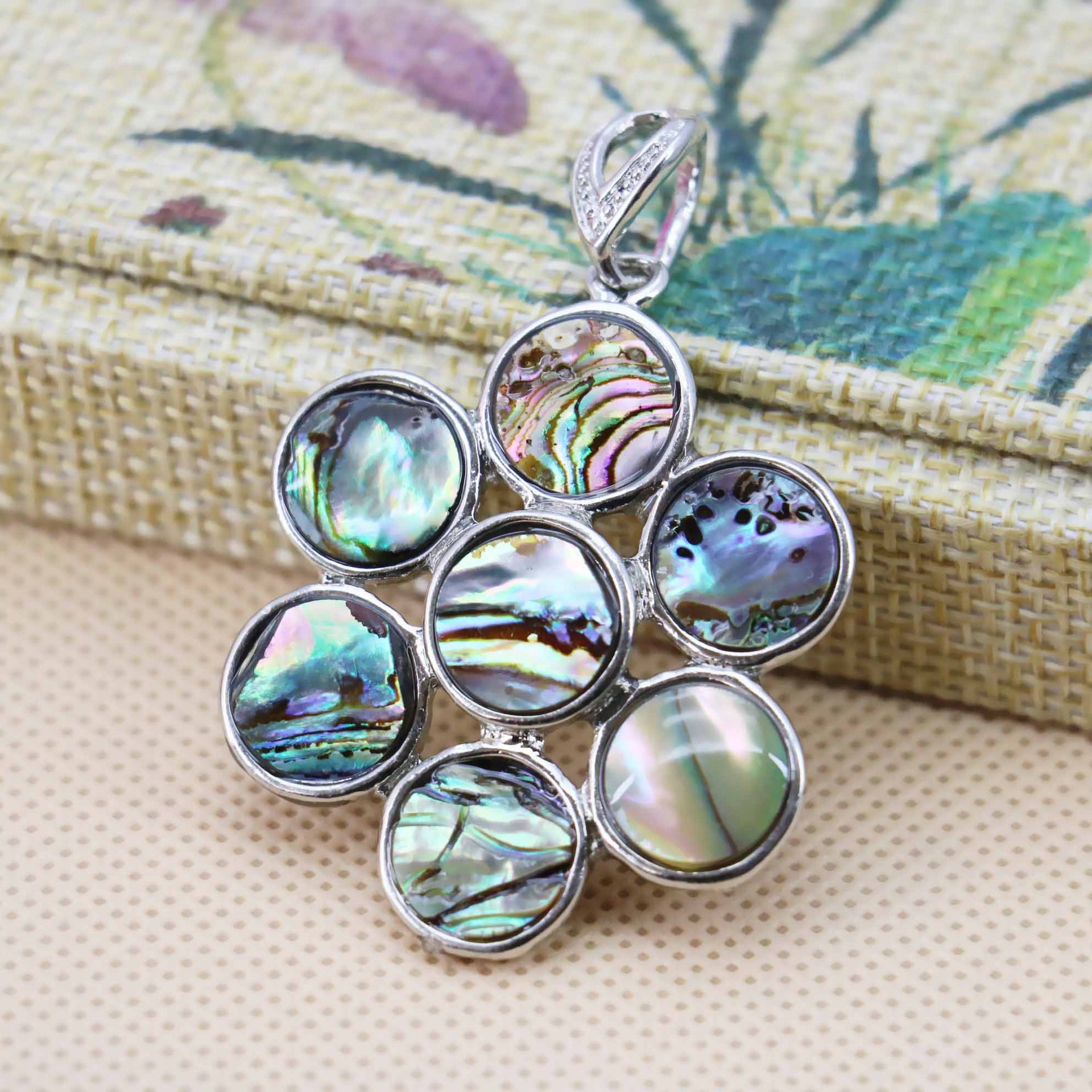 35mm天然彩色贝壳吊坠女圆形花朵项链配件diy鲍鱼礼物挂件饰品-翡翠