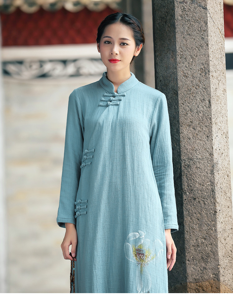 8132秋冬装新品中式女装居士服盘扣立领中长款连衣裙茶服