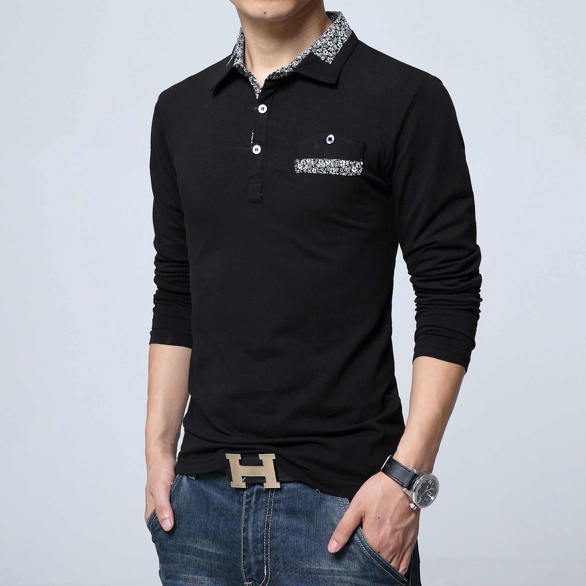 2016秋季新款男装纯棉拼接款男士长袖 休闲大码翻领纯色男式t恤