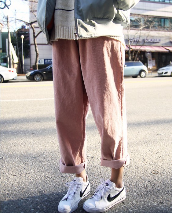 女式休闲裤-春季新款 原宿风皮粉色灯芯绒阔腿