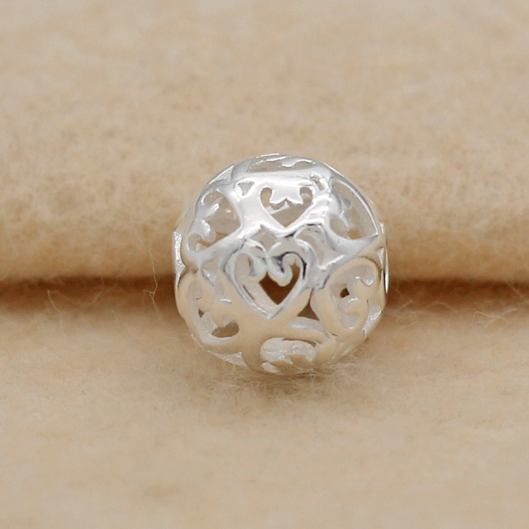 厂家批发镀925银 diy配件 镂空爱心球对穿珠子 玲珑球银饰品批发