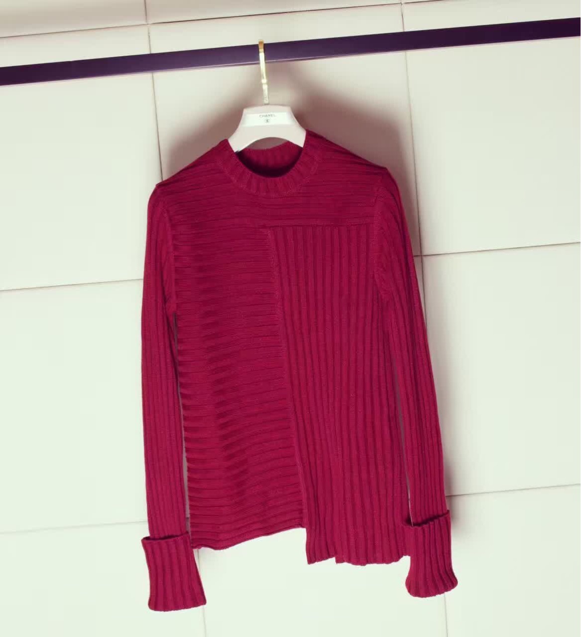 2016秋冬celi波尔多酒红色坑条拼块不对称套色针织衫一件代发