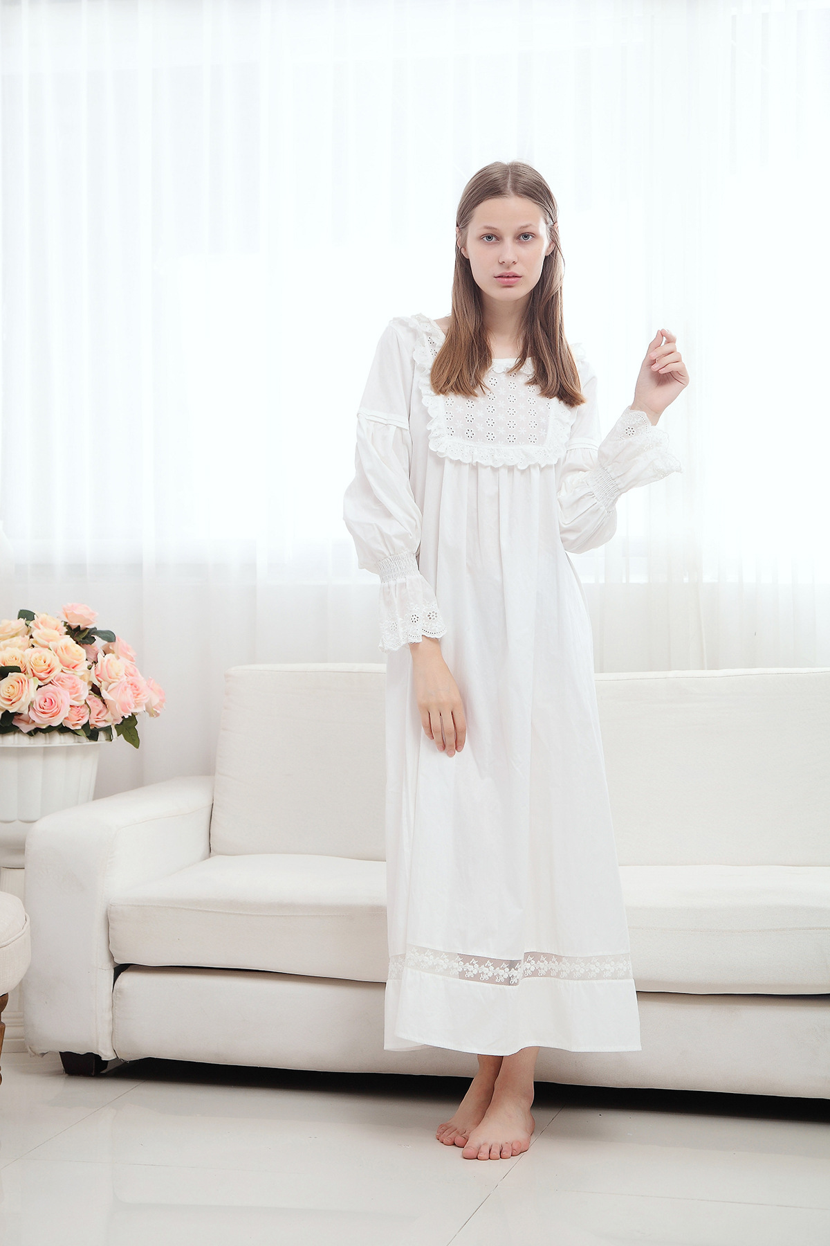 欧美宫廷复古长袖公主睡裙白色纯棉睡衣女大码宽松家居服花边特价