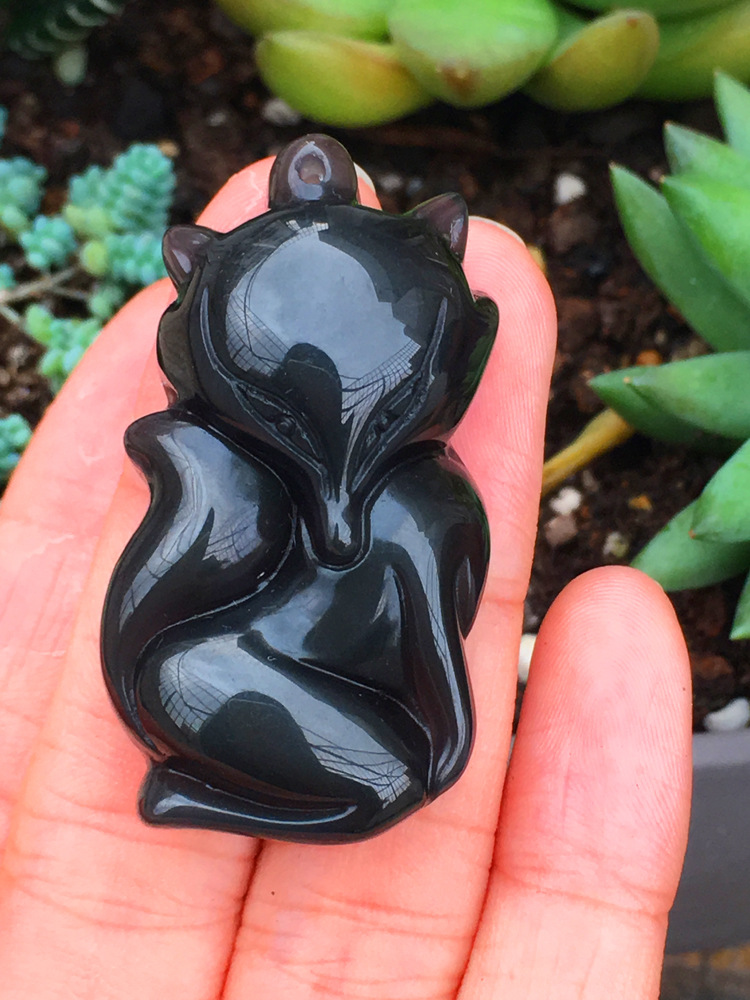 天然黑曜石狐狸吊坠 厂家直销 一件代发水晶吊坠 防小三