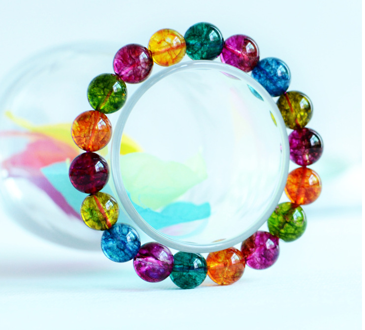 天然水晶 碧玺爆花晶 半成品 圆珠 串珠 散珠子 diy水晶批发