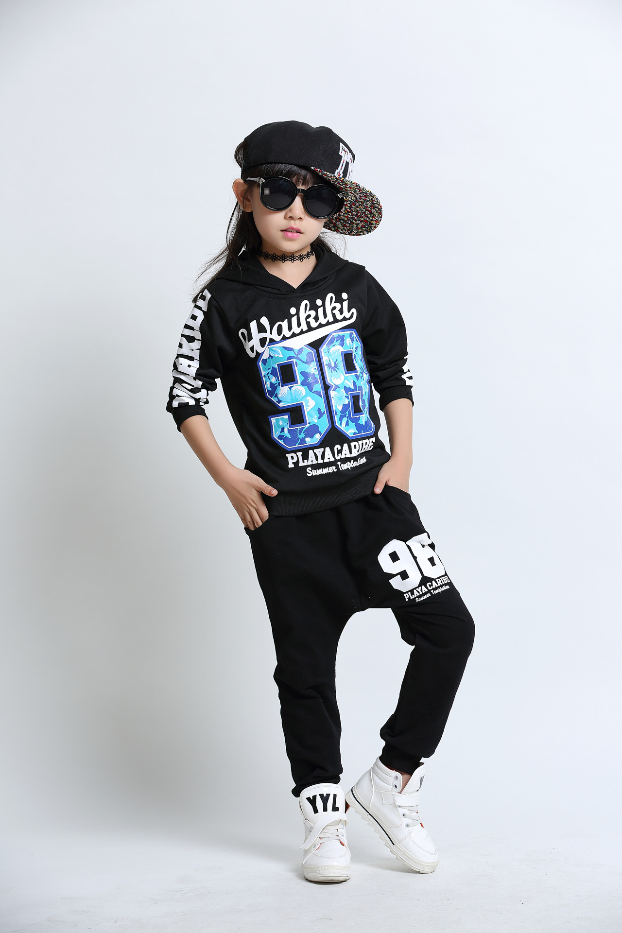 儿童爵士服装中大男女童黑色嘻哈街舞服现代棒球服舞蹈表演服