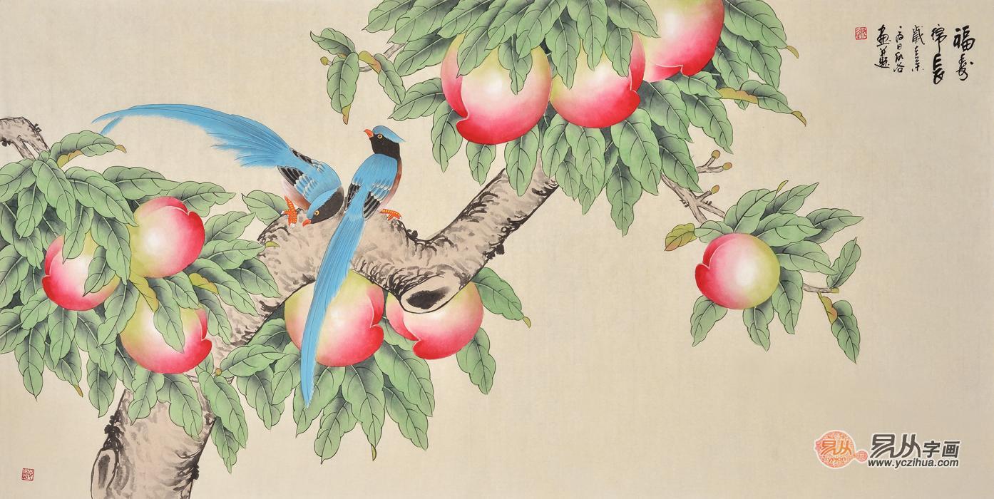 仇谷工笔画作品喜鹊寿桃图《福寿绵长》