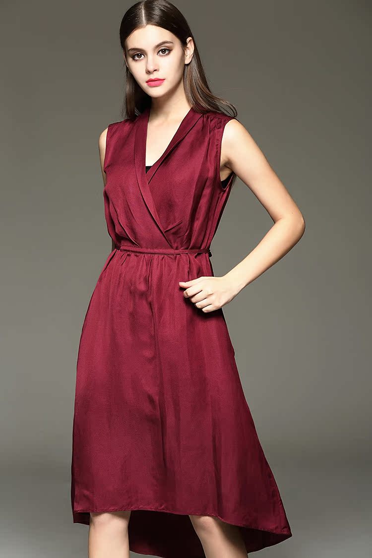 2016夏装新款欧美**无袖纯色真丝连衣裙 修身v领亚麻连.