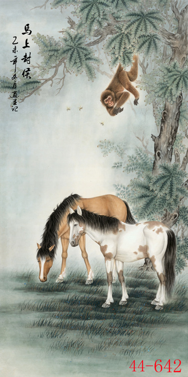 44642国画字画工笔动物猴子马上封侯家居装饰高仿真画芯批发