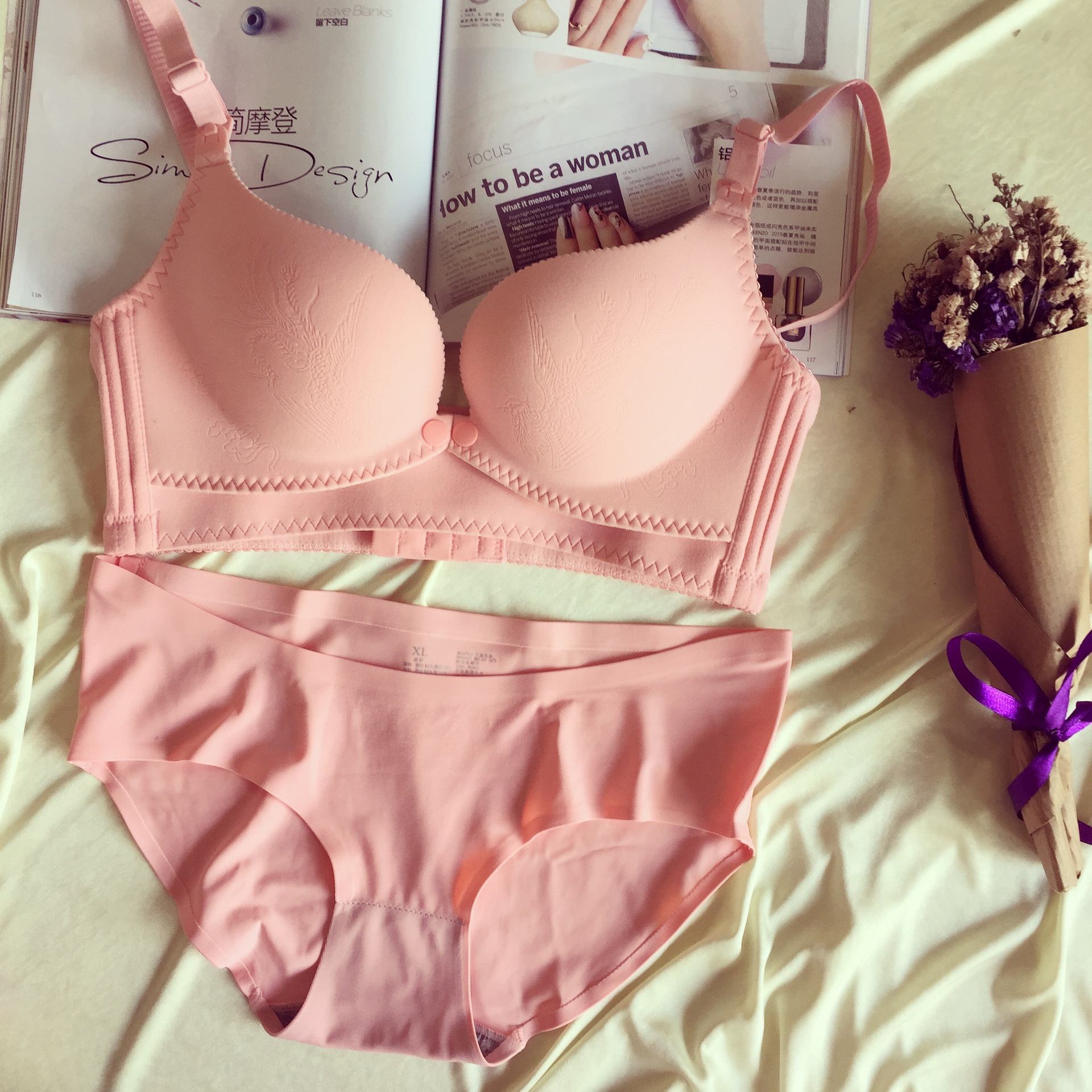 双凤磨毛 哺乳内衣 无痕无钢圈前开口磨毛面舒适透气哺乳文胸套装