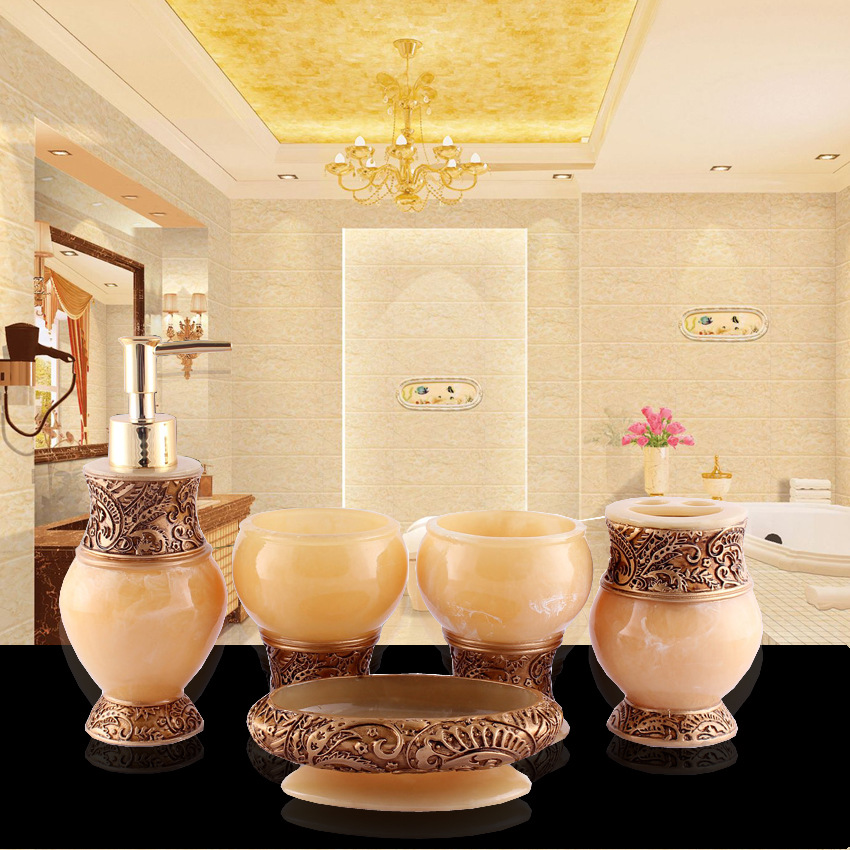 新婚卫生间卫浴室用品洗漱用具五件套 树脂涑口杯刷牙架配件套装