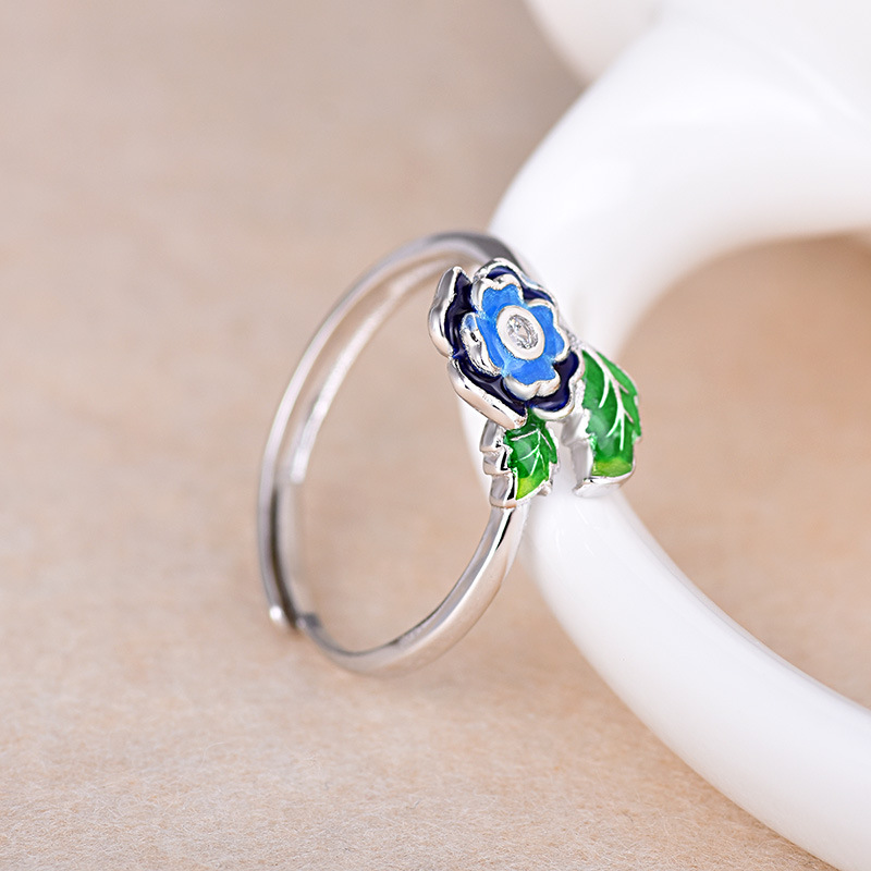 烧蓝景泰蓝戒指女开口活口可调节立体梅花树枝文艺指环礼物送女友