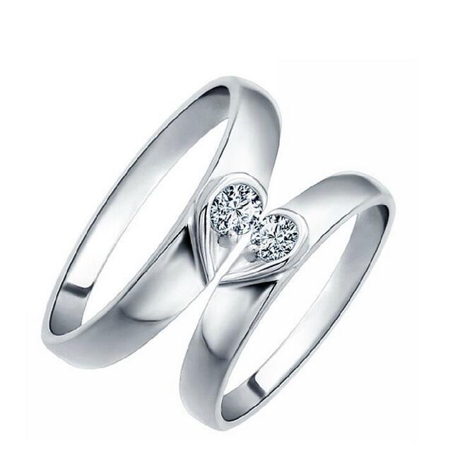 铜镀白金双心情侣戒指 永恒的爱结婚心形锆石对戒