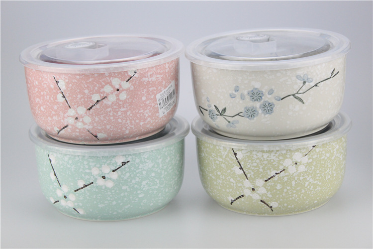 紫宸陶瓷大号深桶保鲜碗c024和风细雨混色批发雪花瓷保鲜碗饭盒