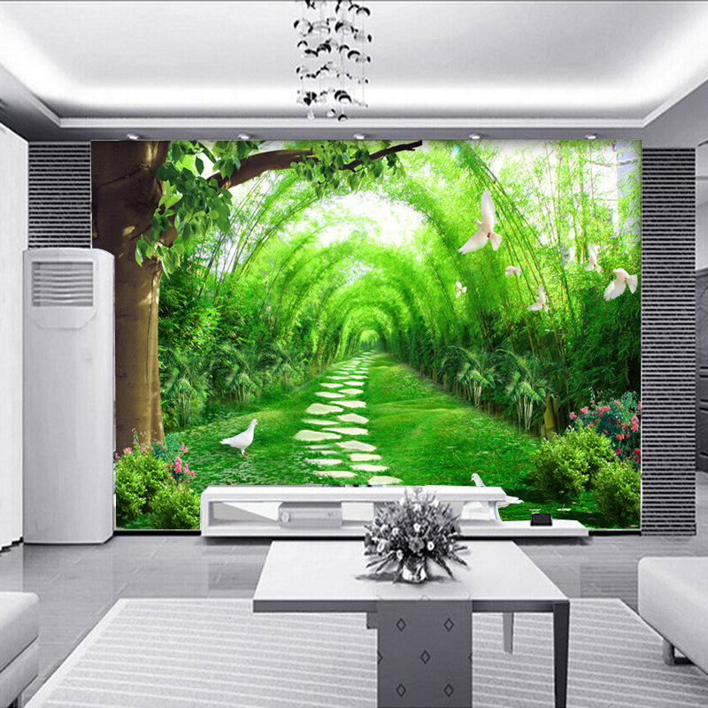 家居电视背景客厅沙发走廊自然风景壁画绿色森林树林客厅卧室墙纸