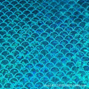 厂家直销 美人鱼服饰面料烫镭射蓝色鱼鳞片弹力布现货销售