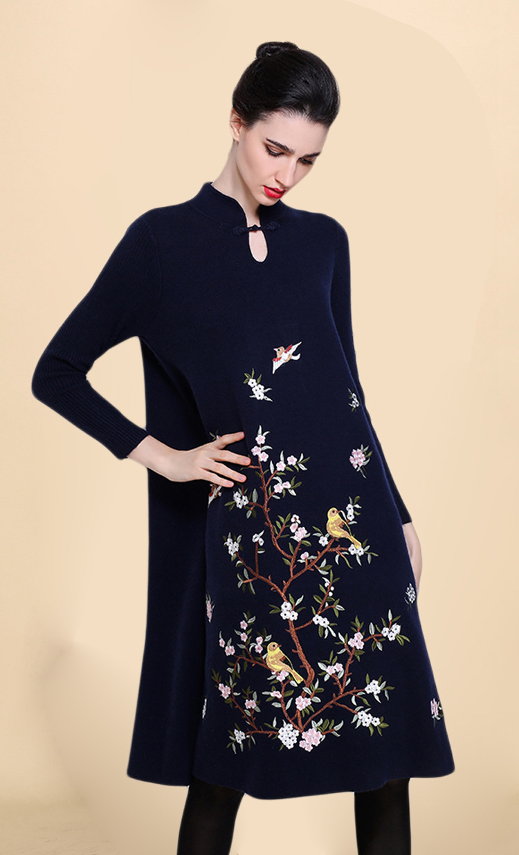 批发2016秋冬新款中国民族风刺绣花大码狐狸绒针织旗袍复古连衣裙