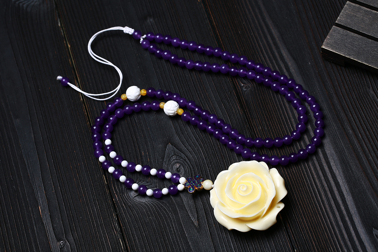 天然水晶深紫玉髓项链 砗磲莲花配象牙果富