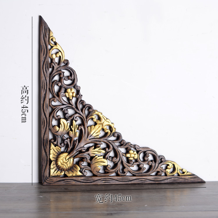 泰国进口 东南亚风格45cm三角柚木门楣雕板桑拿会所墙饰挂件14053