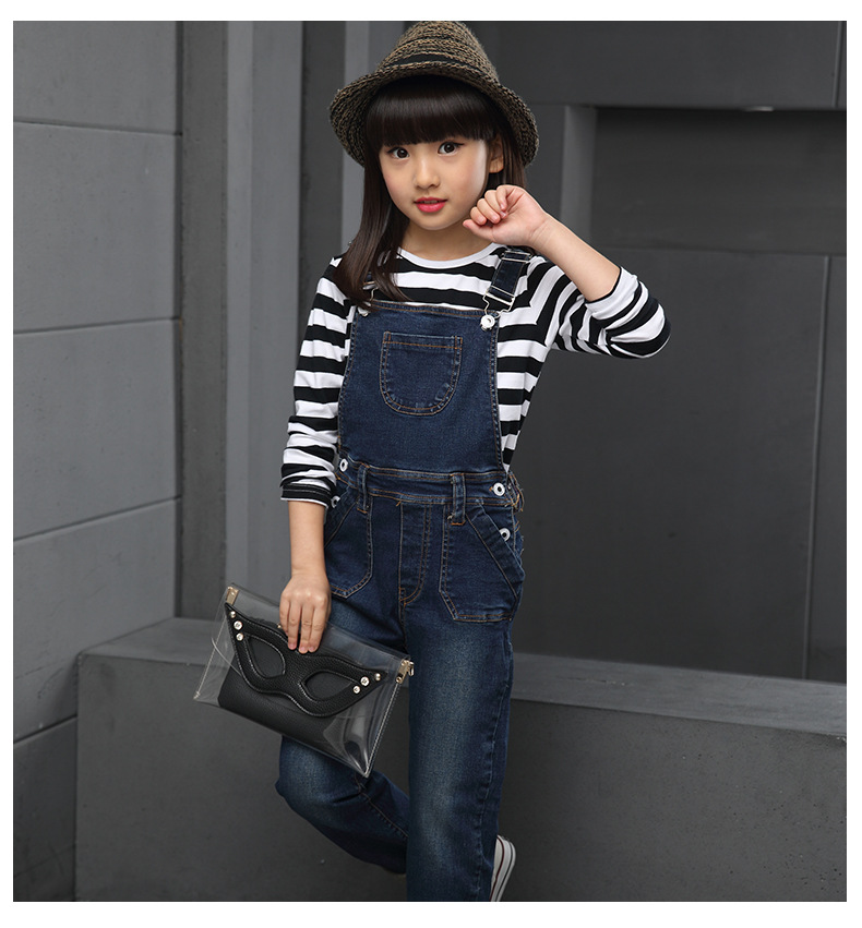 女童装牛仔背带裤 儿童秋季黑白条纹长袖t恤连体裤休闲套装小学生