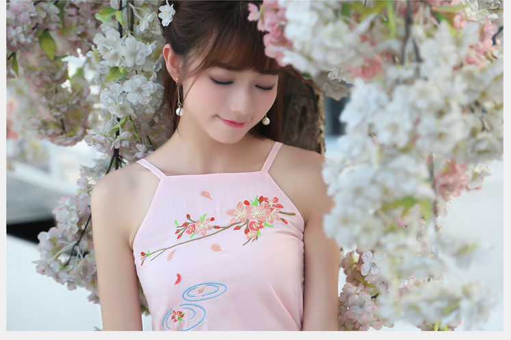 2016夏季新款文艺女装吊带 棉麻绣花改良挂脖背心