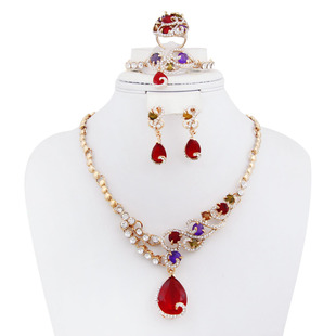 奢华仿水晶锆石项链耳环珠宝套装镀金合金婚礼首饰套装1058