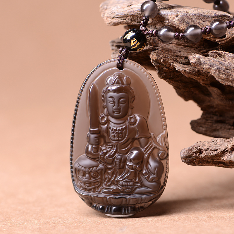 善灵珠宝 天然冰种黑曜石本命佛生肖属兔守护神文殊菩萨吊坠批发 - 中