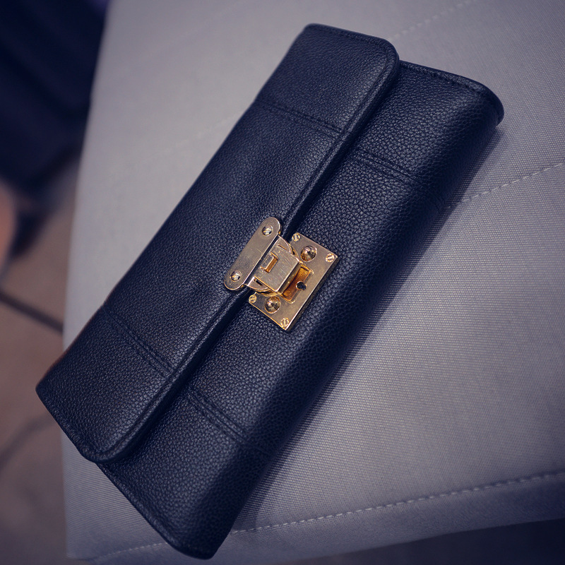 韩范时尚钱夹个性锁扣长款钱包气质绣线三折手拿包百搭新款女士包