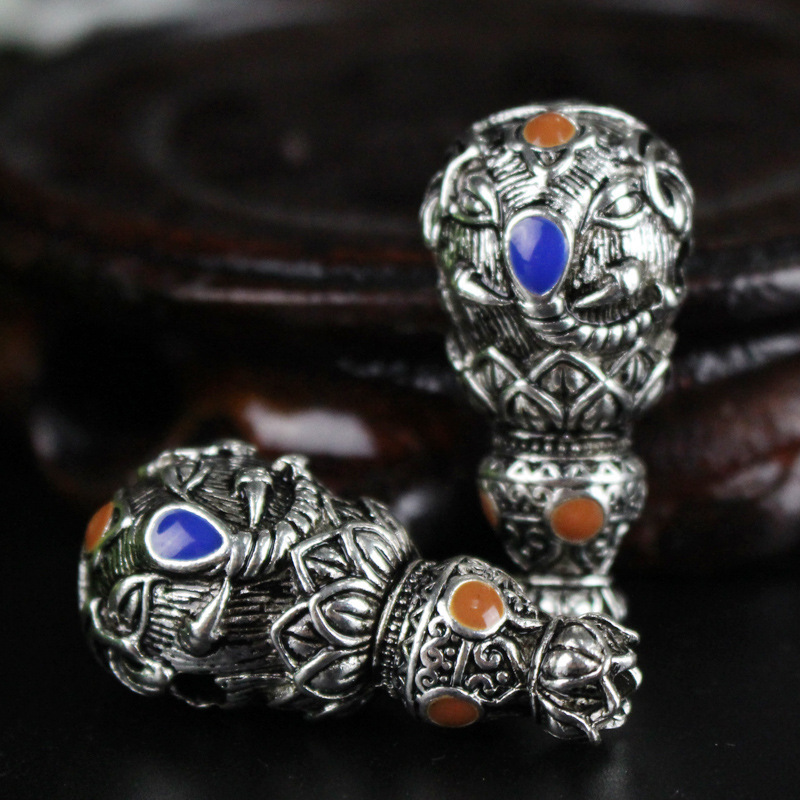 藏银滴油莲花象神辟邪招财佛头三通佛珠 diy星月菩提配饰