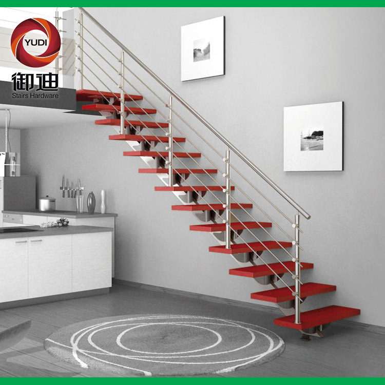 新款钢木单跑方管直梁楼梯 复式楼楼梯装修效果图 楼梯木踏板