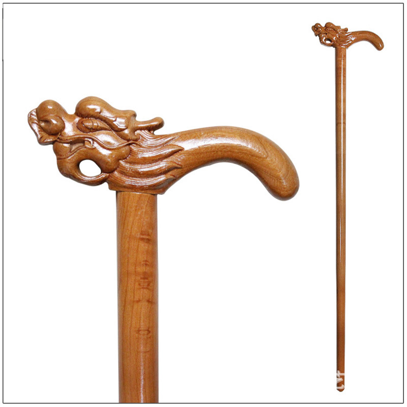 桃木拐杖龙头凤凰神龙款木雕摆件实木手杖老人防滑助行器送礼品