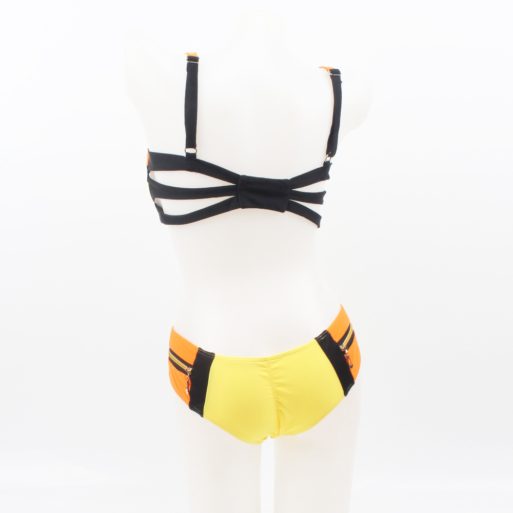 自拍模特bikini拉链女式比基尼拼色分体游泳衣钢托聚拢绑带泳装