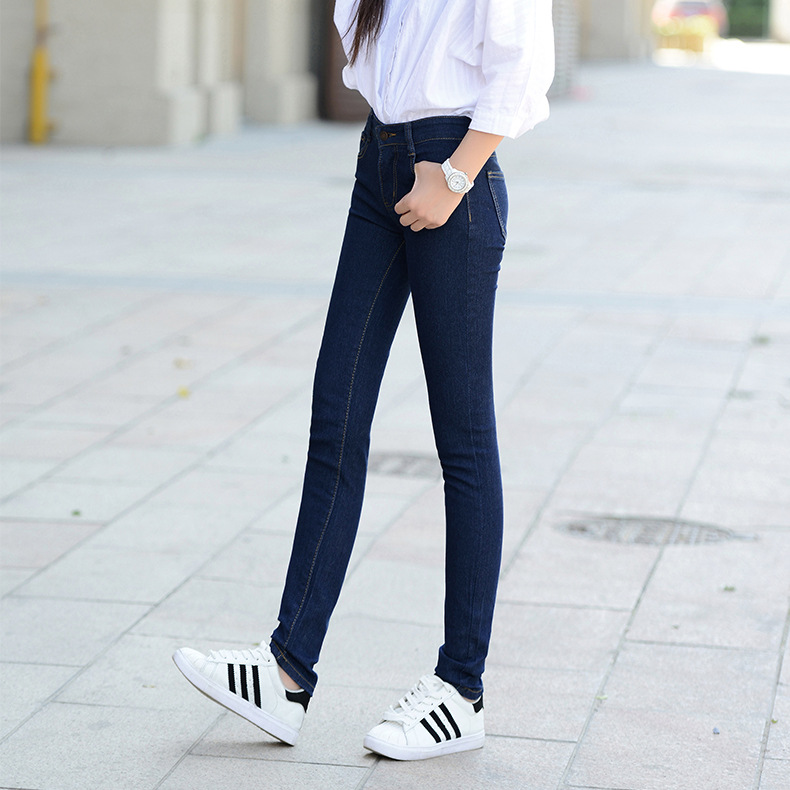 姿淇牛仔裤女黑色自然腰长裤夏季韩版修身显瘦弹力纯棉学生铅笔裤