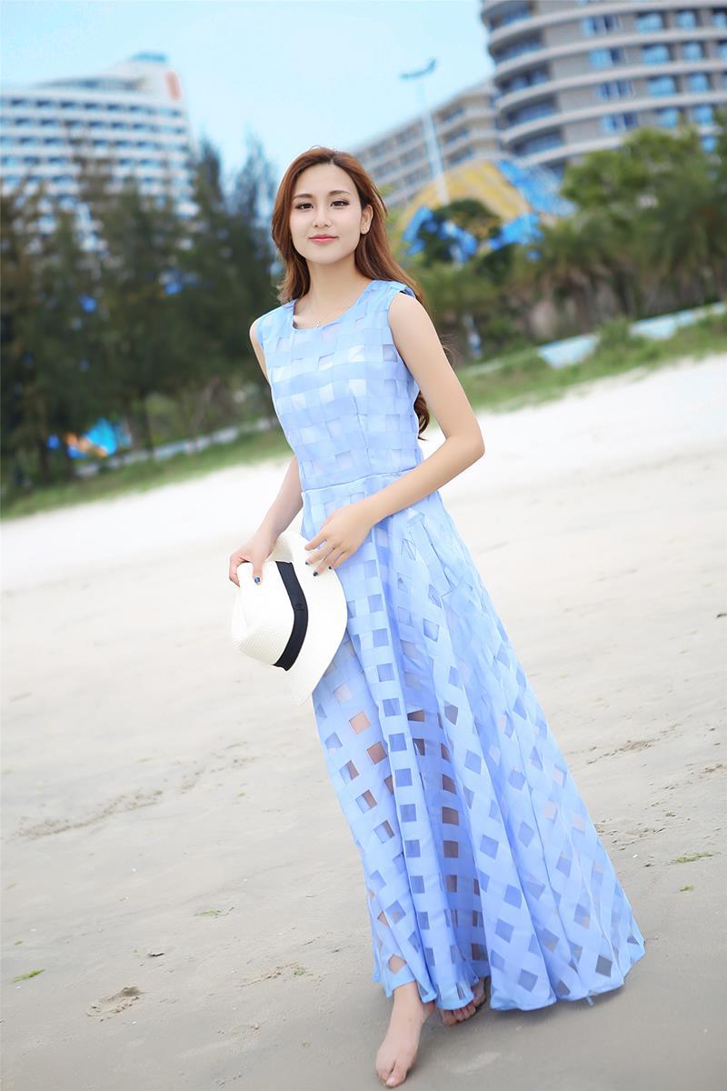 2021夏季新款气质度假修身超长款欧根纱连衣裙沙滩长裙大码女装潮