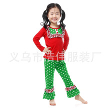 欧美外贸新款女童圣诞节日款纯棉舒适花边套装 儿童两件套批发