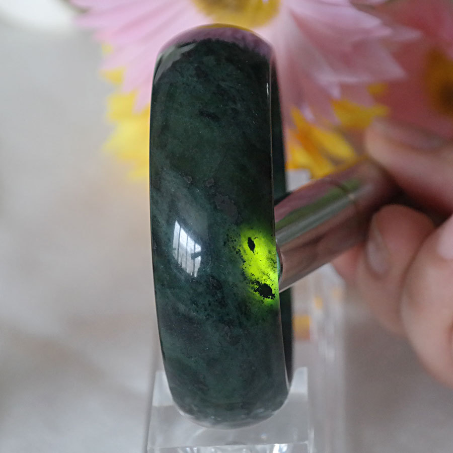 玉石蓝田玉蛇纹花加宽玉镯子女款墨玉送妈妈礼品玉手镯饰品