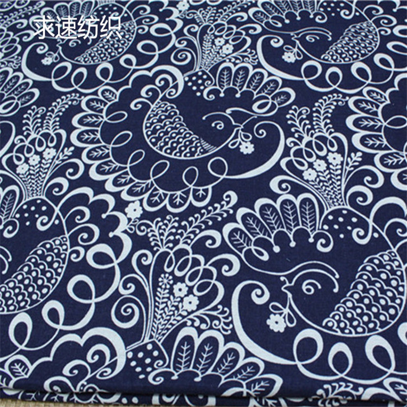 柯桥面料批发 民族风青花瓷窗帘桌布手工diy布料 棉麻印花面料