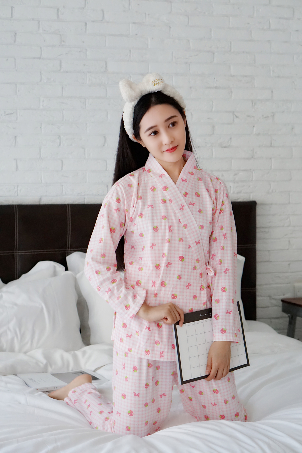 秋季和服日系睡衣 甜美樱花套装 针织棉少女家居服 斜襟绑带套装