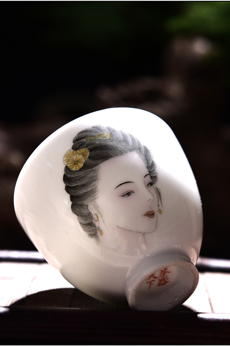 热销旅游工艺品茶杯 景德镇功夫茶具 手绘新彩人物陶瓷品茗单.