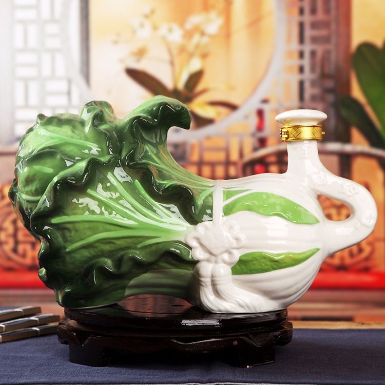 景德镇5斤陶瓷酒瓶 手工雕刻个性创意如意白菜酒瓶 酒坛 酒具