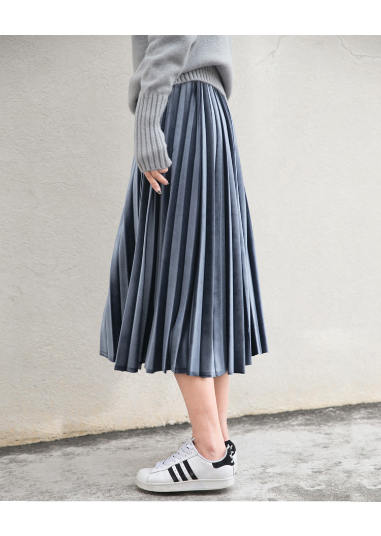 2019秋冬韩国女学生韩国绒纯蓝色复古中长款风琴百褶裙半身裙