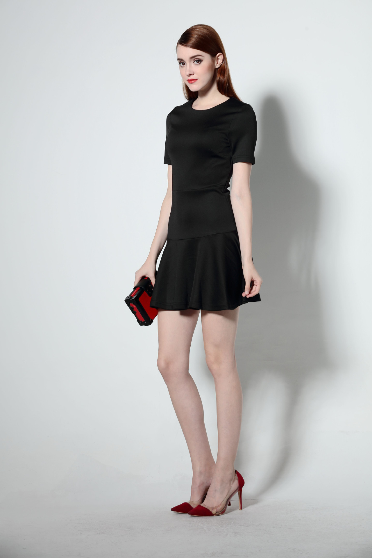 荷叶边短袖连衣裙纯色2016夏季新款修身显瘦包臀鱼尾裙收腰打底裙