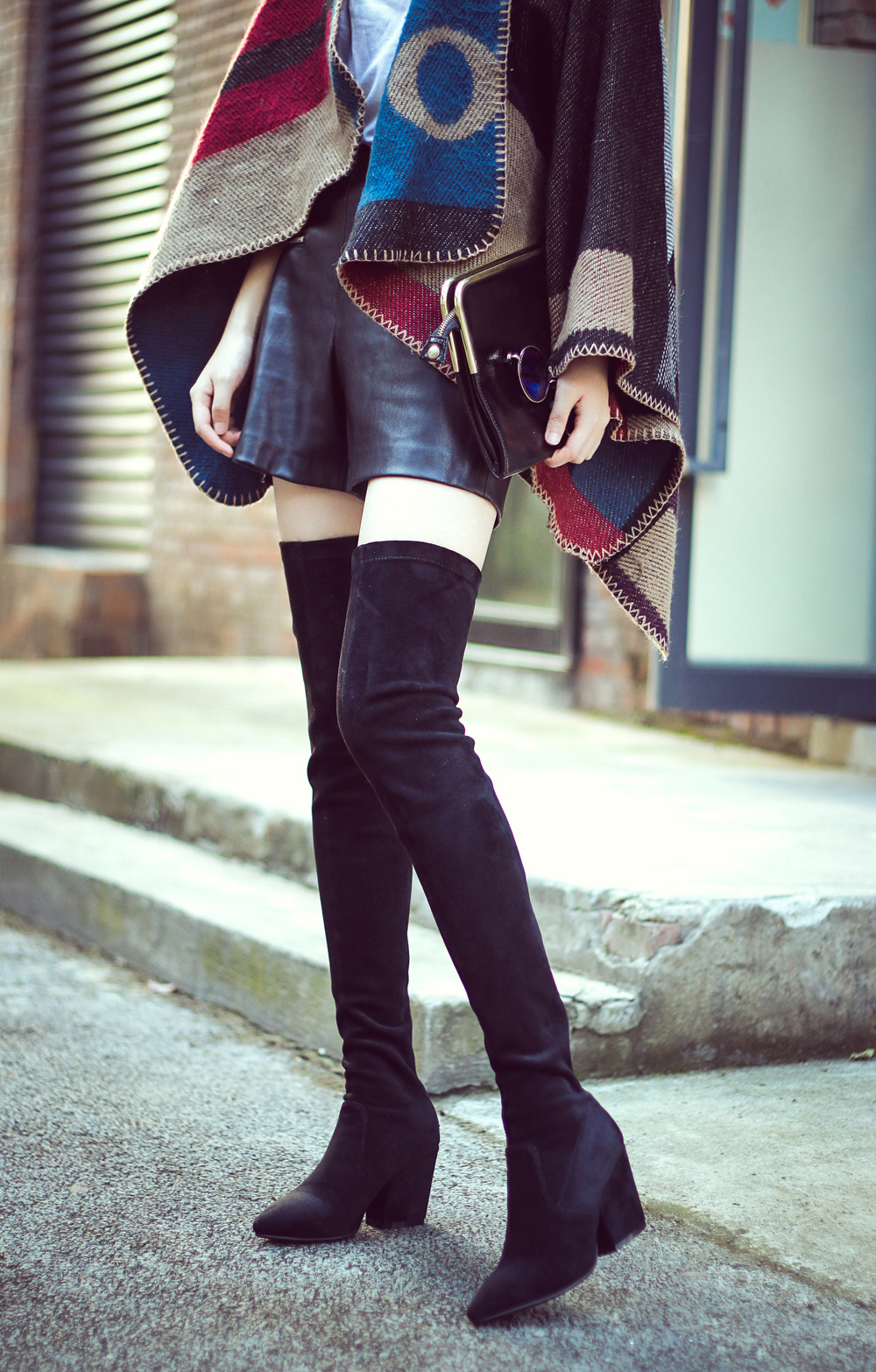 2016新款尖头粗跟过膝长靴磨砂羊皮后拉