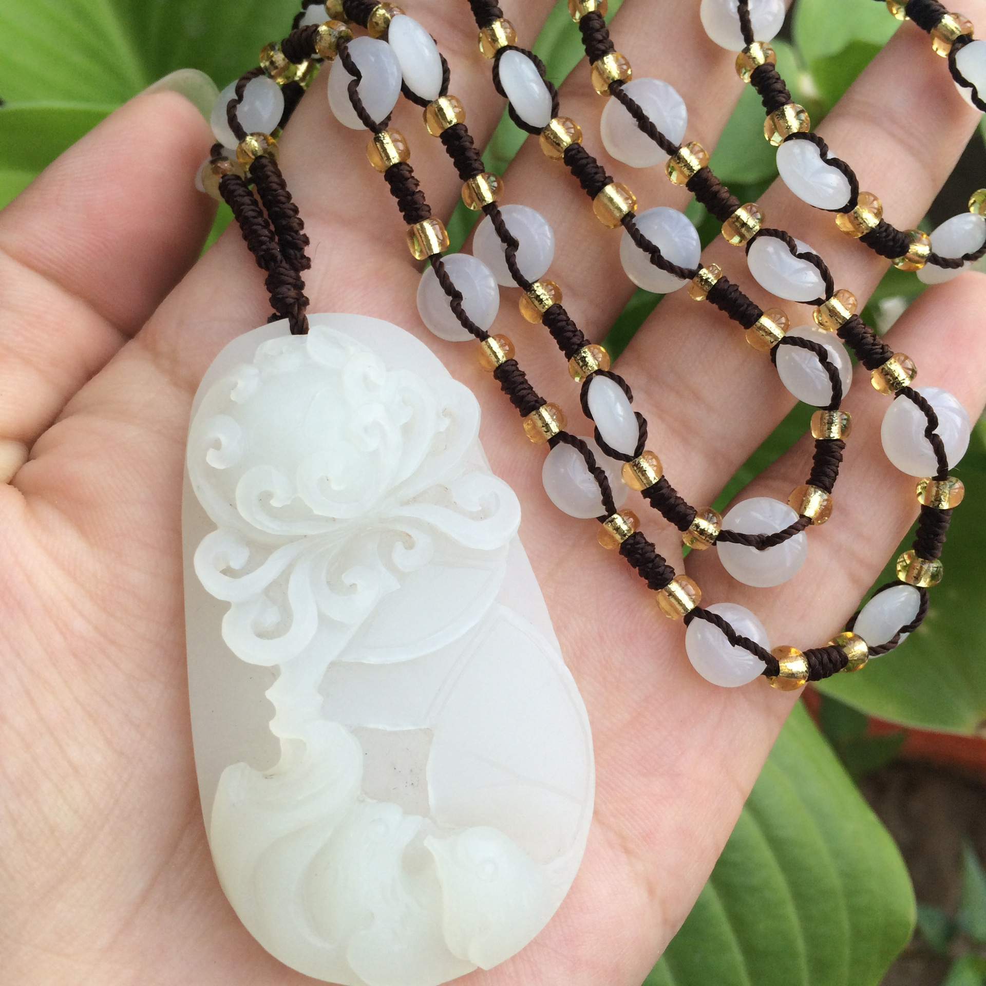 天然青海料白玉话来富贵挂件 纯手工雕刻昆仑料玉吊坠