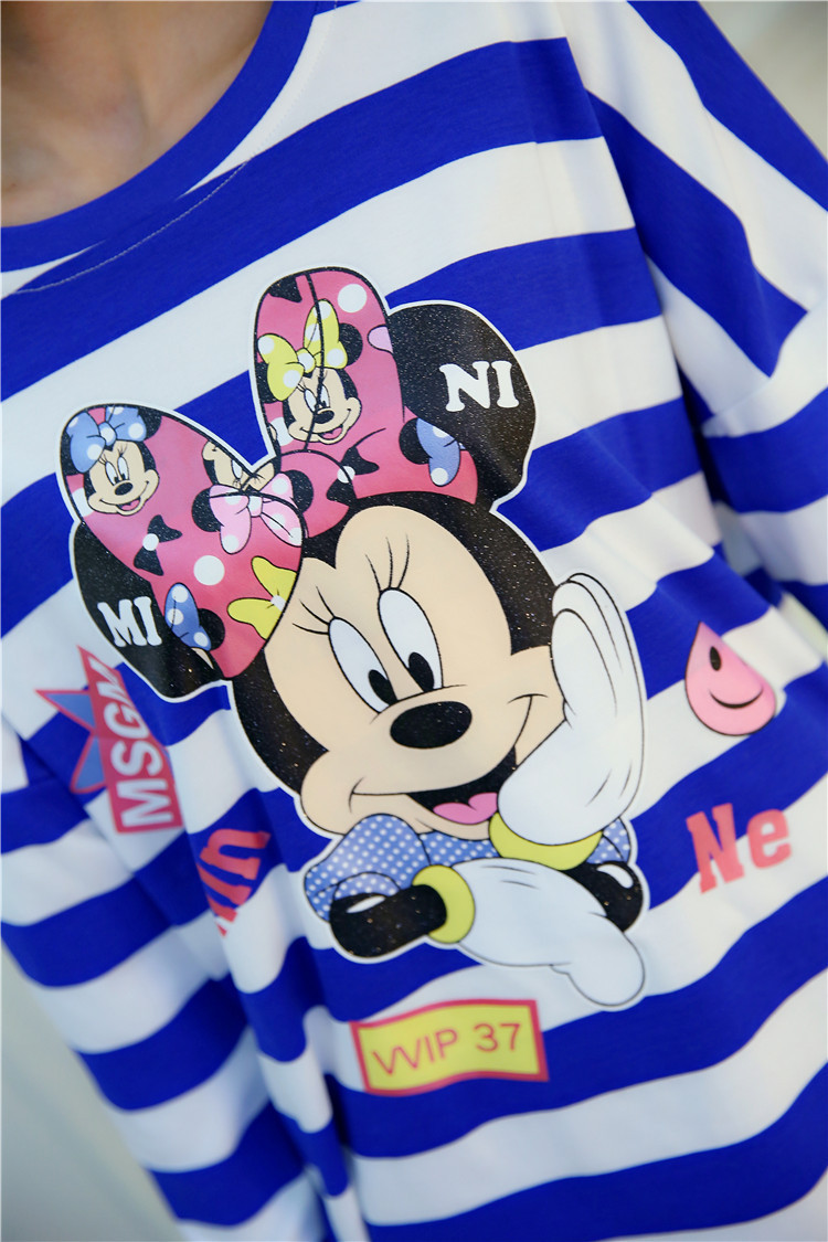 秋冬季新款可爱卡通米妮女士纯棉条纹睡衣长袖长裤家居服休闲套装