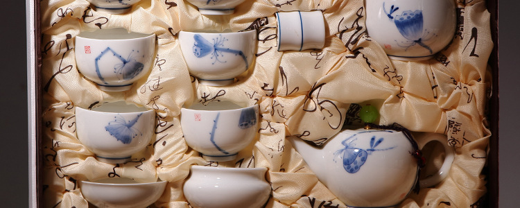 古焱陶瓷茶具批发德化高白瓷青花瓷手绘莲蓬功夫茶具套装茶壶整套