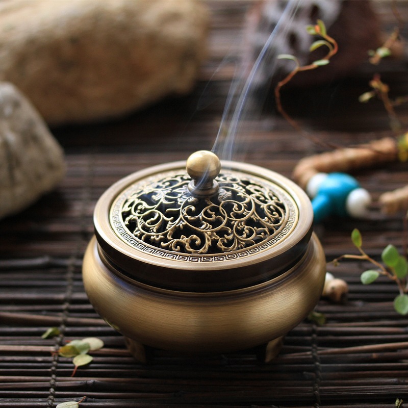 仿古藤花镂空三足纯铜薰香炉焚香炉铜质盘香香炉佛堂茶道香具香器