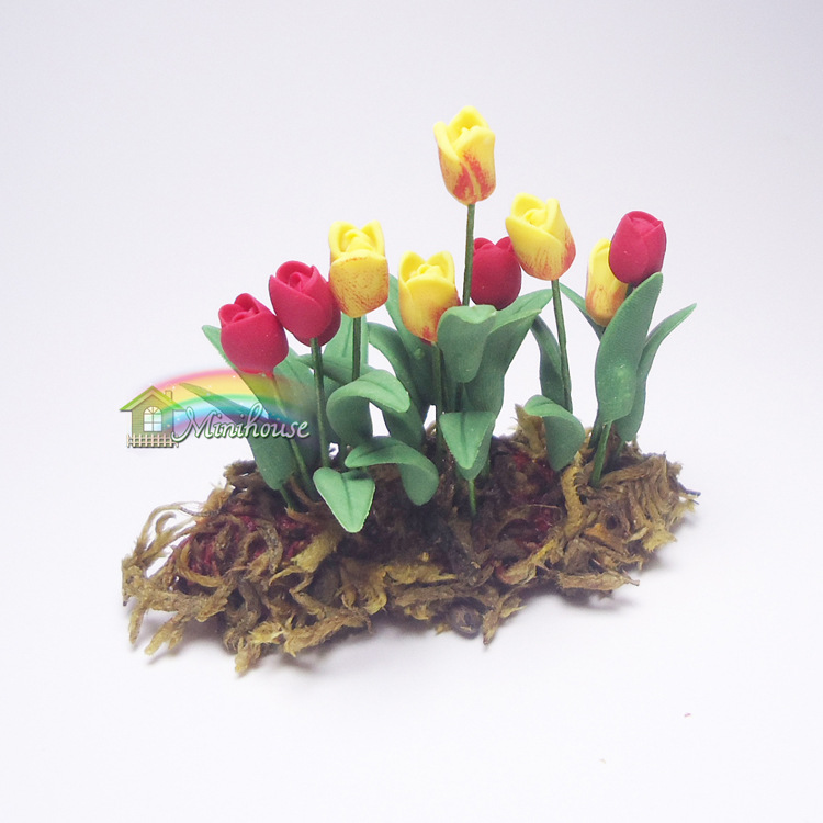 1:12娃娃屋配件dollhouse迷你粘土花盆景植物盆栽郁金香花丛模型