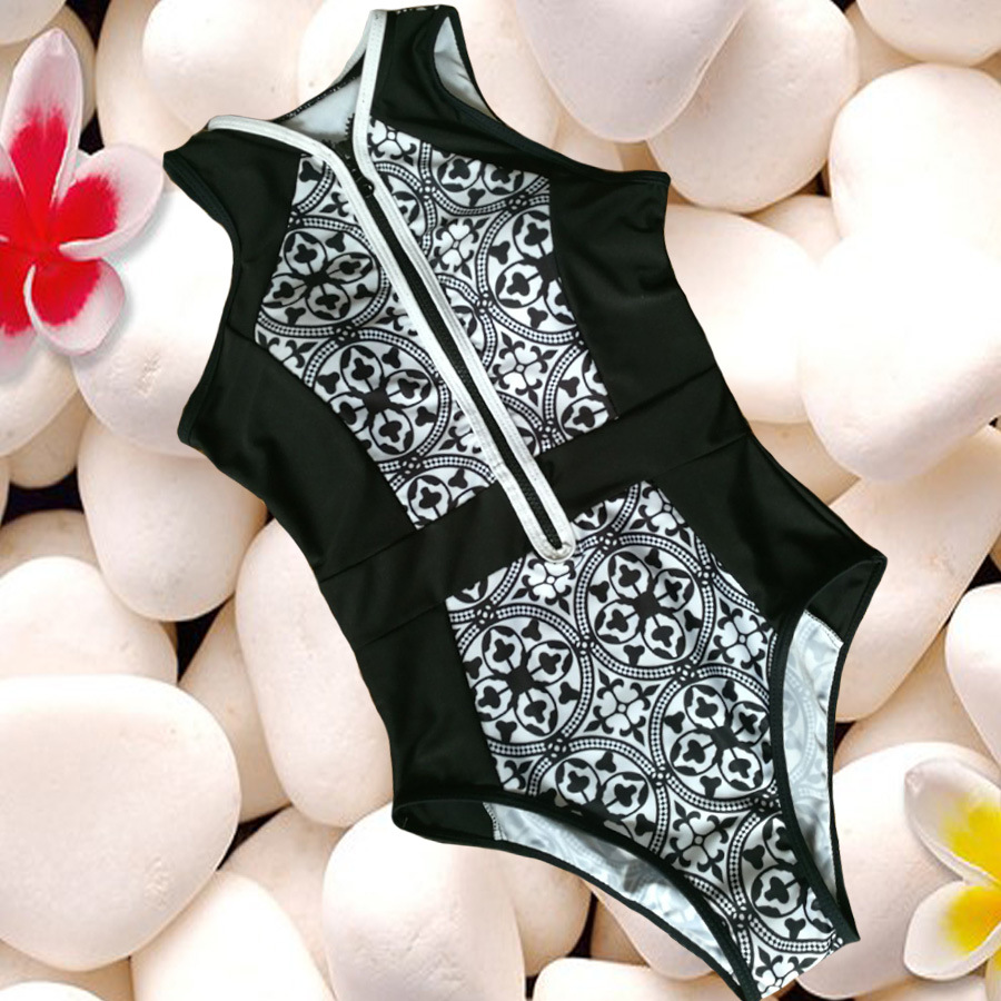 2017欧美风格比基尼 黑白复古印花连体拉链泳衣 bikini